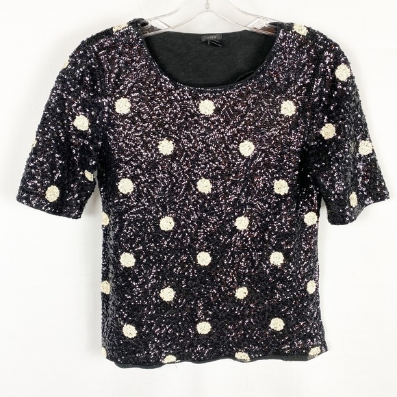 J. Crew Tops - J CREW Sequined Polka Dot Black & White Top